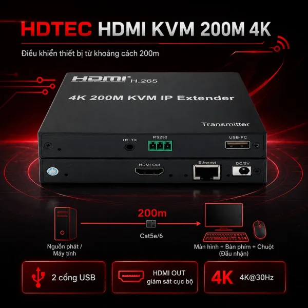 HDTEC HDMI KVM 200M 4K (Tích hợp chia 2 HDMI)