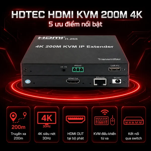 HDTEC HDMI KVM 200M 4K (Tích hợp chia 2 HDMI)
