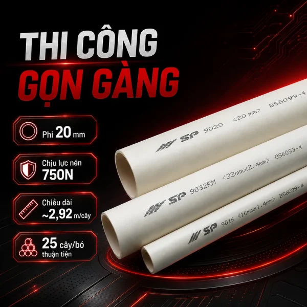Ống nhựa cứng luồn dây điện Sino SP9020 750N 25 cây/bó