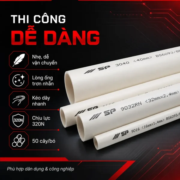 Ống nhựa cứng luồn dây điện Sino VL9016 320N 50 cây/bó