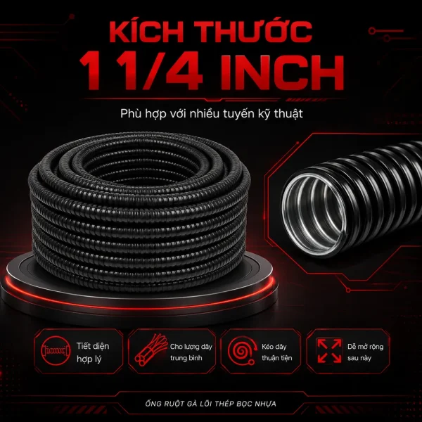 Ống ruột gà lõi thép bọc nhựa đường kính 1 1/4 inch D32