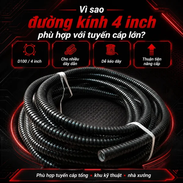 Ống ruột gà lõi thép bọc nhựa đường kính 4 inch