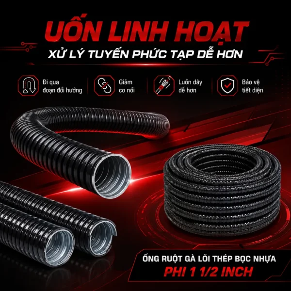 Ống ruột gà lõi thép bọc nhựa D40 phi 1 1/2 inch