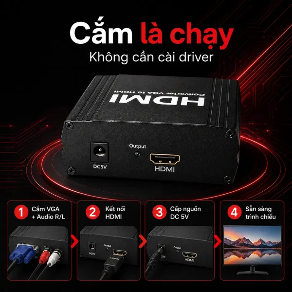 VGA To HDMI+RL Converter (Bộ chuyển đổi VGA sang HDMI)