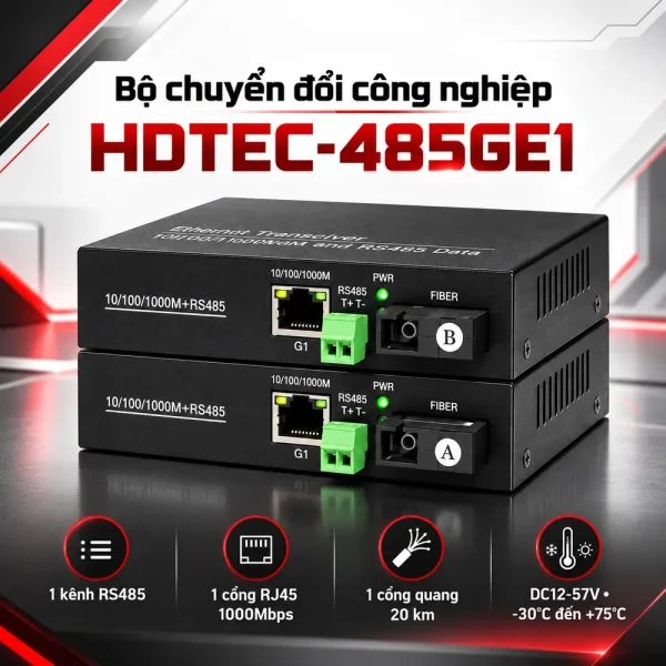 Bộ chuyển đổi công nghiệp HDTEC RS485 sang 1 cổng RJ45 1G HDTEC-485GE1