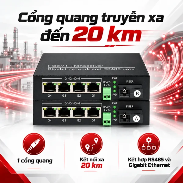 Bộ chuyển đổi công nghiệp HDTEC RS485 sang 4P RJ45 1G HDTEC-485GE4