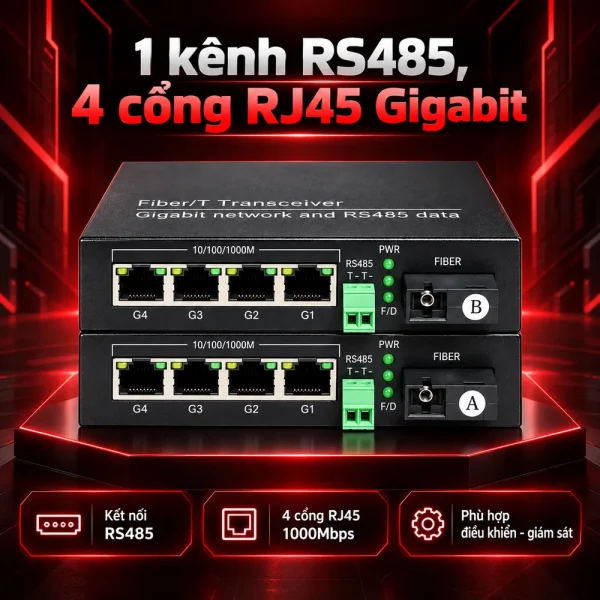 Bộ chuyển đổi công nghiệp HDTEC RS485 sang 4P RJ45 1G HDTEC-485GE4