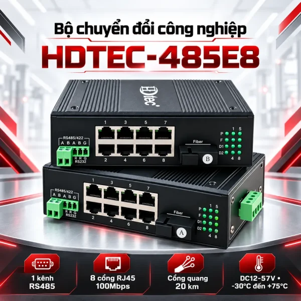 Bộ chuyển đổi công nghiệp HDTEC RS485 sang 8P RJ45 (100m) HDTEC-485E8
