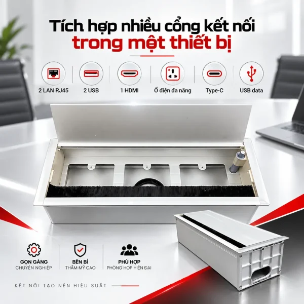 Hộp ổ điện âm bàn họp 2 cổng LAN, 2 USB, 1 HDMI Tenko