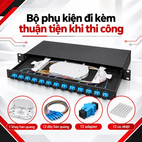 Hộp phối quang ODF 12FO đầy đủ phụ kiện lắp rack 19 inch