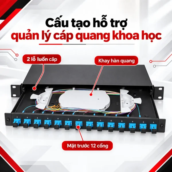 Hộp phối quang ODF 12FO đầy đủ phụ kiện lắp rack 19 inch