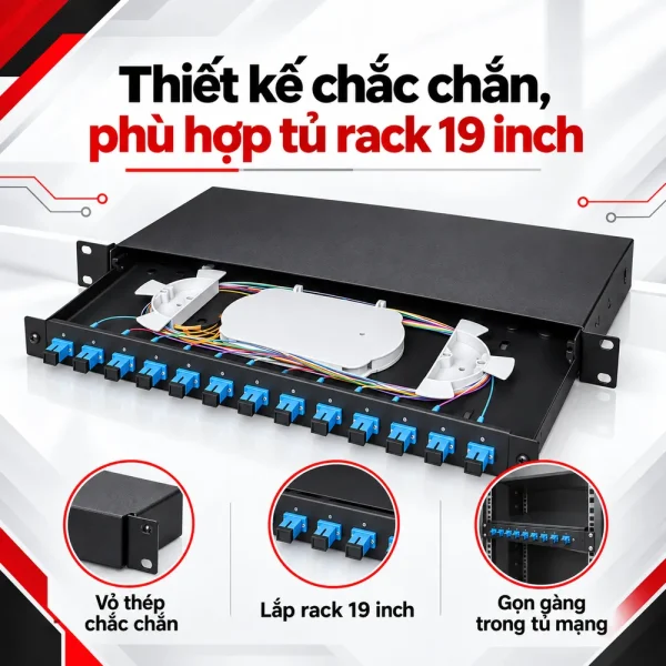 Hộp phối quang ODF 12FO đầy đủ phụ kiện lắp rack 19 inch