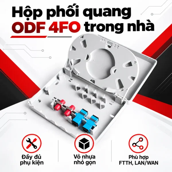 Hộp phối quang ODF 4FO vỏ nhựa trong nhà đầy đủ phụ kiện