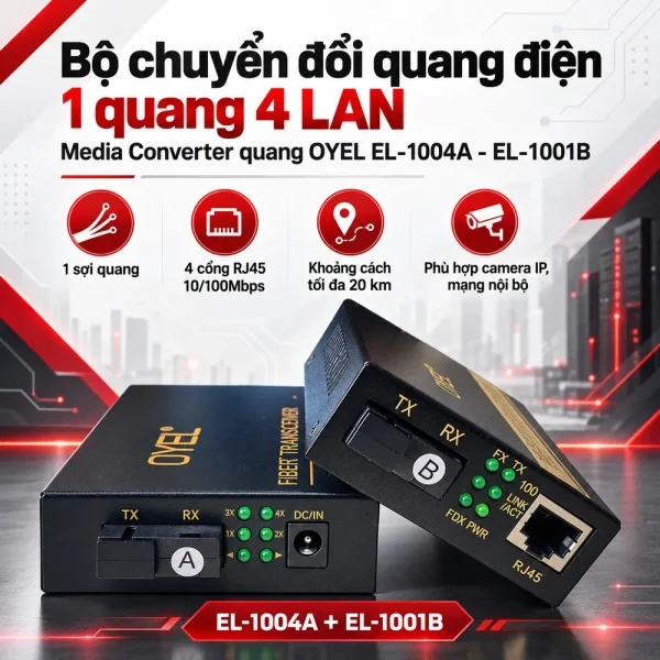 Media Converter quang 1 vào 4 ra 10/100Mbps OYEL EL-1004A – EL-1001B