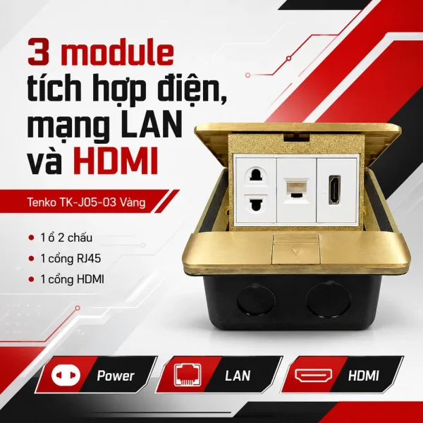 Ổ cắm âm sàn 1 ổ 2 chấu + 1 cổng mạng + 1 HDMI Tenko TK-J05-03 Vàng