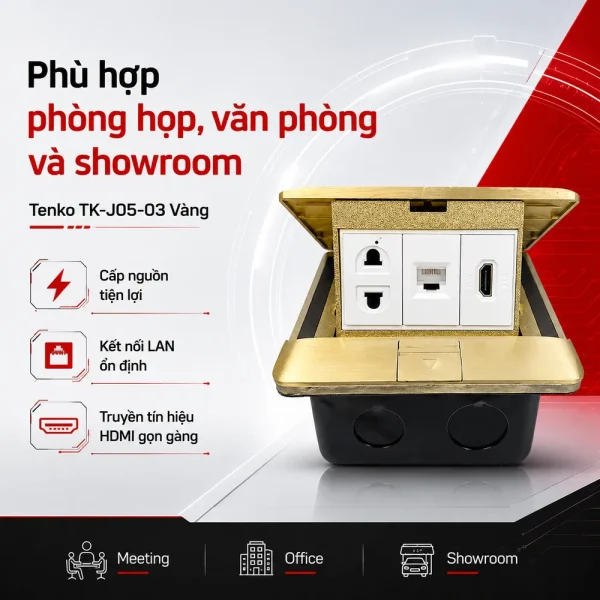 Ổ cắm âm sàn 1 ổ 2 chấu + 1 cổng mạng + 1 HDMI Tenko TK-J05-03 Vàng