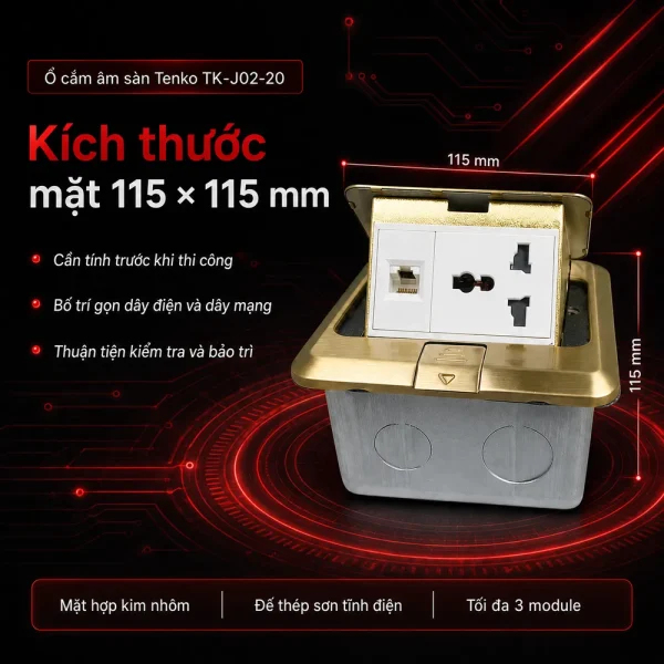 Ổ cắm âm sàn 1 ổ 3 chấu + 1 cổng mạng LAN Tenko TK-J02-20