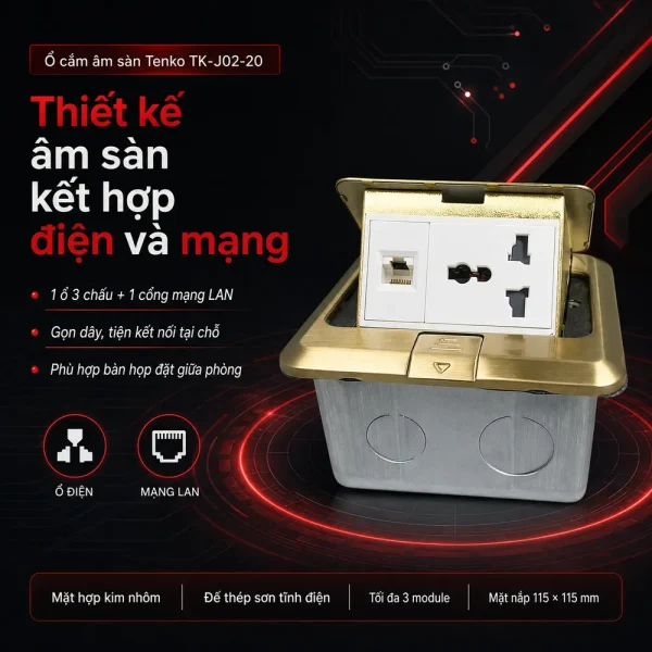 Ổ cắm âm sàn 1 ổ 3 chấu + 1 cổng mạng LAN Tenko TK-J02-20