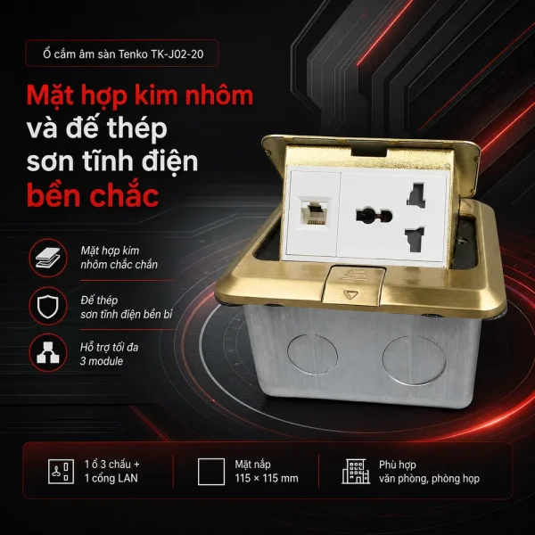 Ổ cắm âm sàn 1 ổ 3 chấu + 1 cổng mạng LAN Tenko TK-J02-20