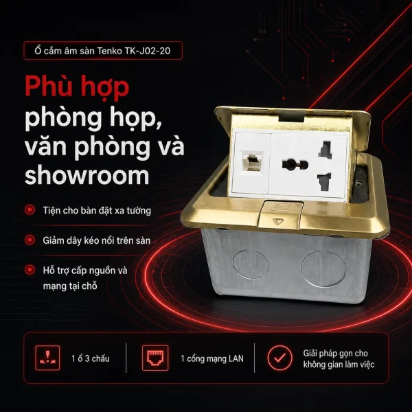 Ổ cắm âm sàn 1 ổ 3 chấu + 1 cổng mạng LAN Tenko TK-J02-20