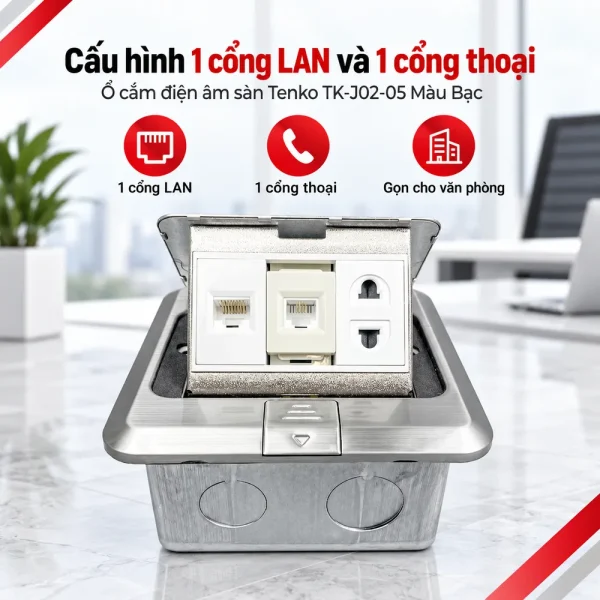 Ổ cắm điện âm sàn 1 cổng LAN và 1 cổng thoại Tenko TK-J02-05 (Màu Bạc)
