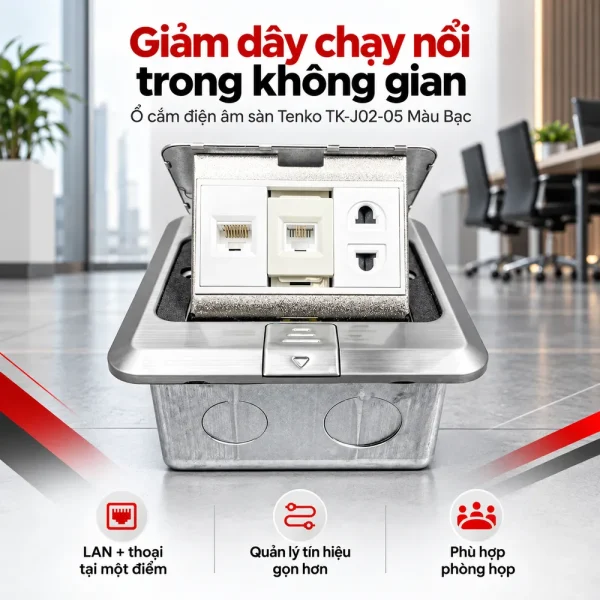 Ổ cắm điện âm sàn 1 cổng LAN và 1 cổng thoại Tenko TK-J02-05 (Màu Bạc)