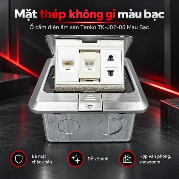 Ổ cắm điện âm sàn 1 cổng LAN và 1 cổng thoại Tenko TK-J02-05 (Màu Bạc)
