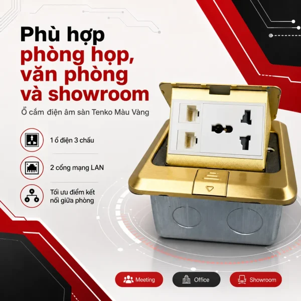 Ổ cắm điện âm sàn 1 ổ 3 chấu + 2 ổ mạng LAN Tenko TK-J02-22 Màu Vàng