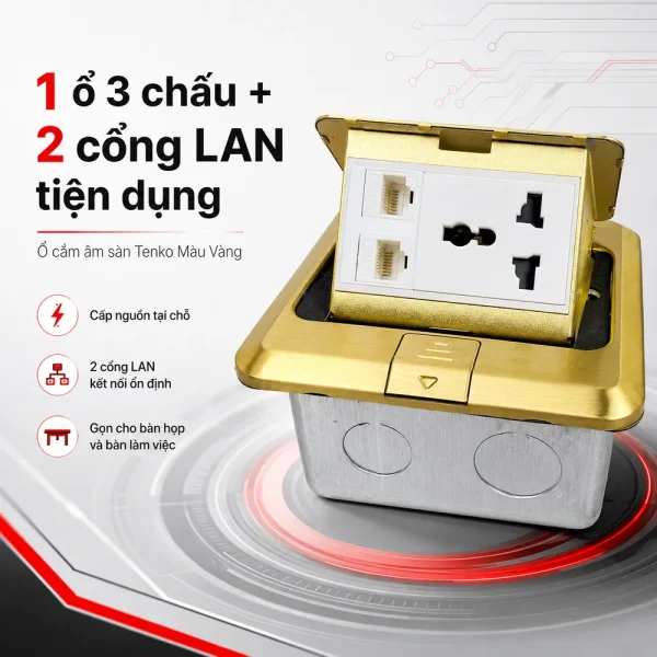 Ổ cắm điện âm sàn 1 ổ 3 chấu + 2 ổ mạng LAN Tenko TK-J02-22 Màu Vàng
