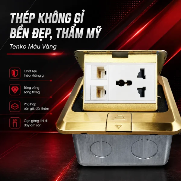 Ổ cắm điện âm sàn 1 ổ 3 chấu + 2 ổ mạng LAN Tenko TK-J02-22 Màu Vàng
