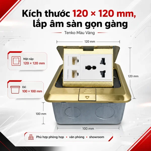 Ổ cắm điện âm sàn 1 ổ 3 chấu + 2 ổ mạng LAN Tenko TK-J02-22 Màu Vàng