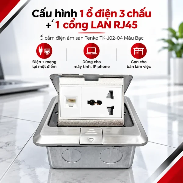 Ổ cắm điện âm sàn 1 ổ cắm 3 chấu + 1 cổng LAN Tenko TK-J02-04 Màu Bạc