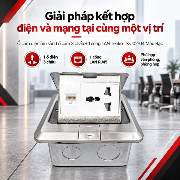 Ổ cắm điện âm sàn 1 ổ cắm 3 chấu + 1 cổng LAN Tenko TK-J02-04 Màu Bạc