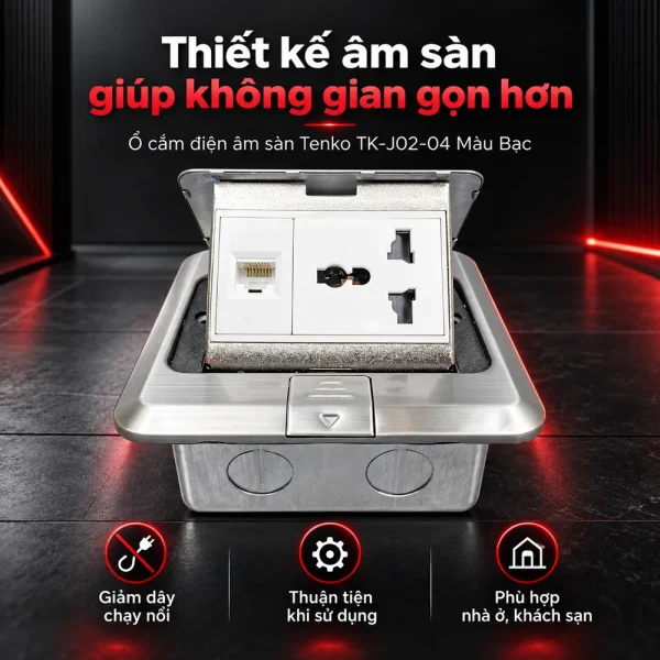 Ổ cắm điện âm sàn 1 ổ cắm 3 chấu + 1 cổng LAN Tenko TK-J02-04 Màu Bạc
