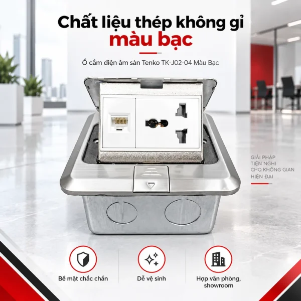 Ổ cắm điện âm sàn 1 ổ cắm 3 chấu + 1 cổng LAN Tenko TK-J02-04 Màu Bạc