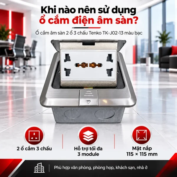 Ổ cắm điện âm sàn 2 ổ 3 chấu Tenko TK-J02-13 màu bạc