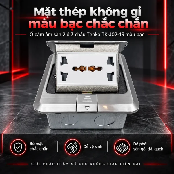 Ổ cắm điện âm sàn 2 ổ 3 chấu Tenko TK-J02-13 màu bạc