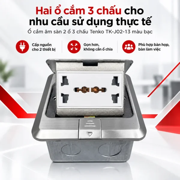 Ổ cắm điện âm sàn 2 ổ 3 chấu Tenko TK-J02-13 màu bạc