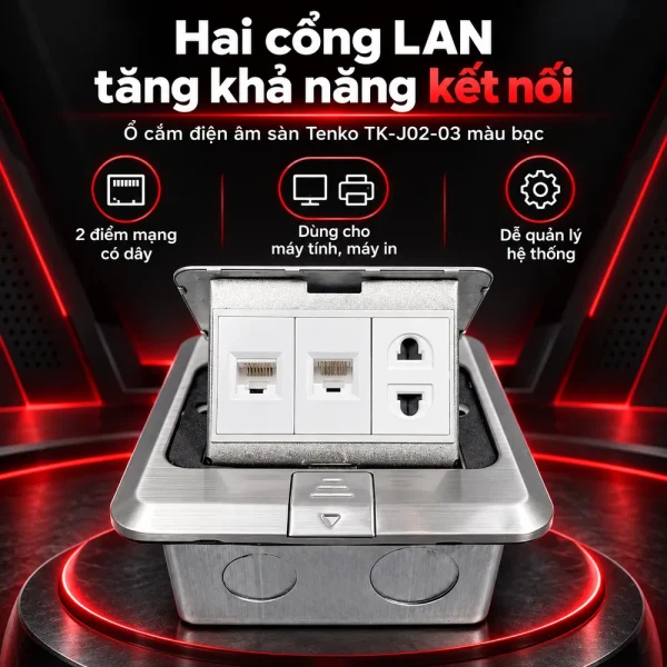 Ổ cắm điện âm sàn Tenko TK-J02-03 màu bạc