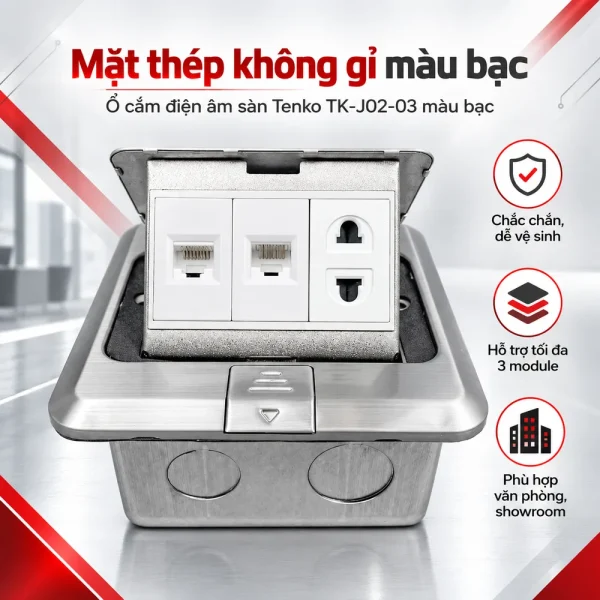 Ổ cắm điện âm sàn Tenko TK-J02-03 màu bạc