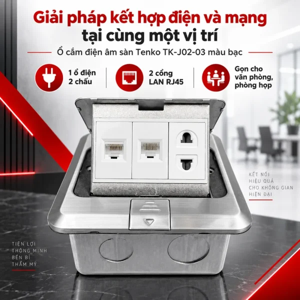 Ổ cắm điện âm sàn Tenko TK-J02-03 màu bạc