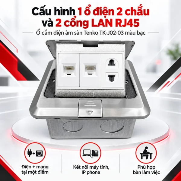Ổ cắm điện âm sàn Tenko TK-J02-03 màu bạc