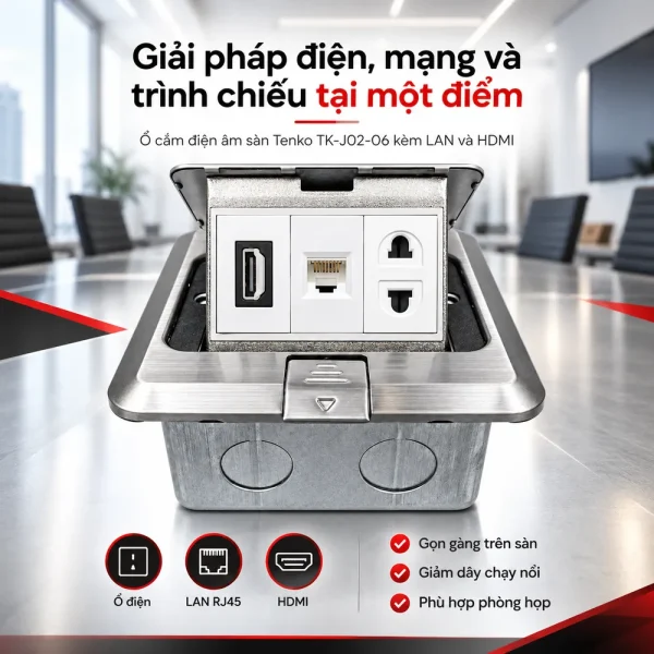Ổ cắm điện âm sàn Tenko TK-J02-06 kèm cổng LAN và HDMI