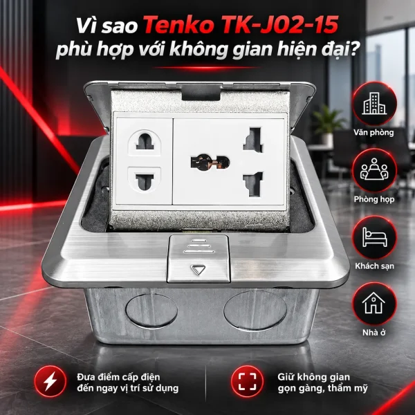 Ổ cắm điện âm sàn Tenko TK-J02-15 2 ổ cắm (màu Bạc)