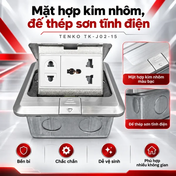 Ổ cắm điện âm sàn Tenko TK-J02-15 2 ổ cắm (màu Bạc)