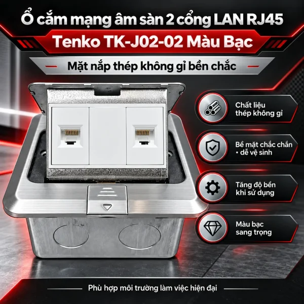 Ô cắm mạng âm sàn 2 cổng LAN RJ45 Tenko TK-J02-02 Màu Bạc