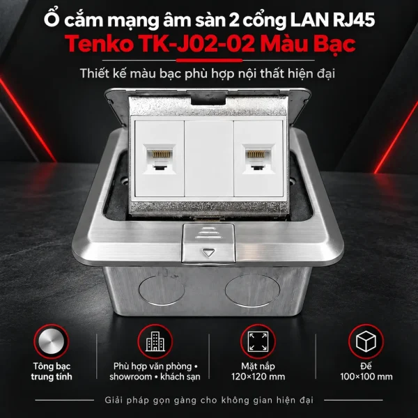 Ô cắm mạng âm sàn 2 cổng LAN RJ45 Tenko TK-J02-02 Màu Bạc