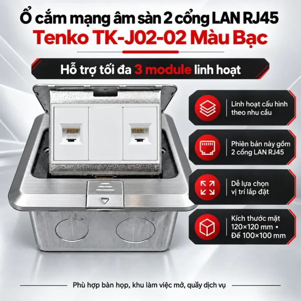 Ô cắm mạng âm sàn 2 cổng LAN RJ45 Tenko TK-J02-02 Màu Bạc