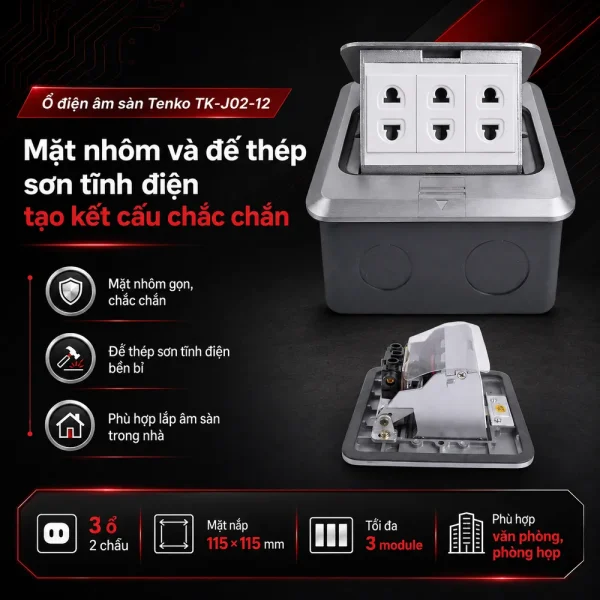 Ổ điện âm sàn 3 ổ 2 chấu Tenko TK-J02-12