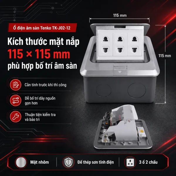 Ổ điện âm sàn 3 ổ 2 chấu Tenko TK-J02-12